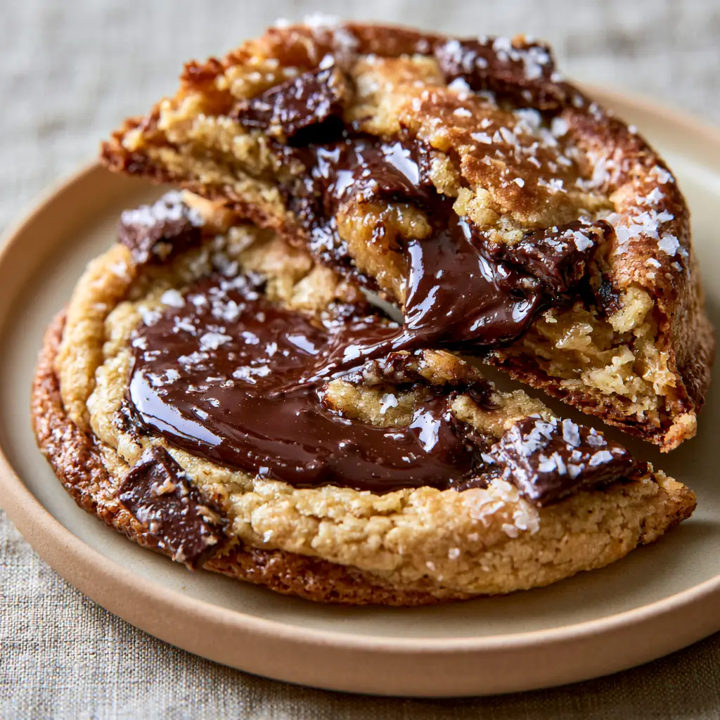 Close up shot of a warm chocolate chip cookie showing the soft center and coarse flaky sea salt.