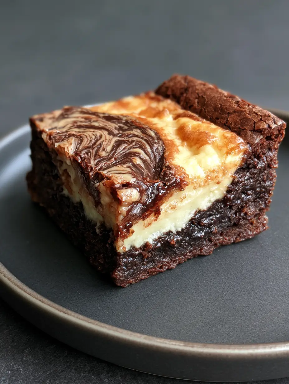 Bourbon Cream Cheese Brownies with a Crackly Paper-Thin Crust 3 Handheld photo of a single thick fudgy bourbon cream cheese brownie on a dark matte plate.