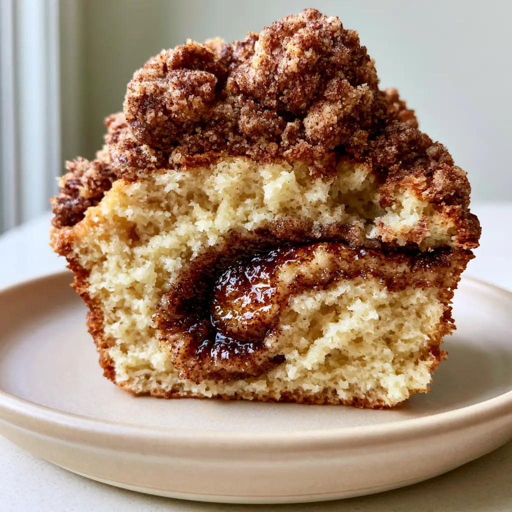 Coffee Cake Muffins with Towering Cinnamon Streusel 1 A top-down view of coffee cake muffins with towering chunky cinnamon streusel and baked golden-brown crumbs.
