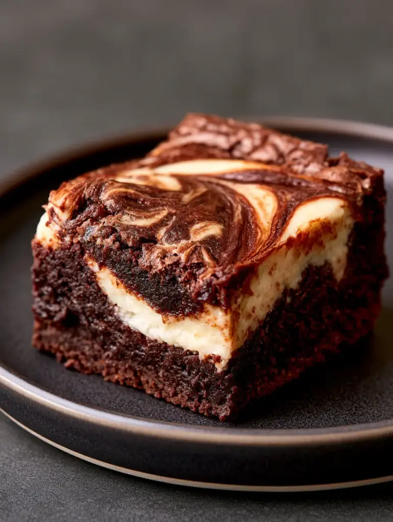 Bourbon Cream Cheese Brownies with a Crackly Paper-Thin Crust 1 Top-down view of marbled bourbon cream cheese brownies showing the glossy cream cheese finish.
