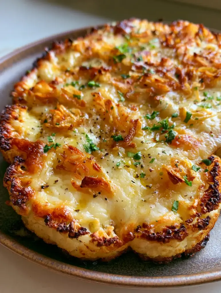 Baked Cauliflower Steaks with Toasted Garlic and Bubbling Parmesan Crust 2 Extreme close-up of Baked Cauliflower Steaks showing charred edges, toasted garlic slivers, and melted cheese texture.