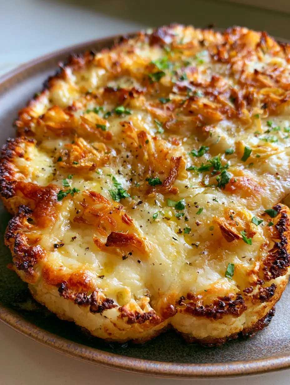 Baked Cauliflower Steaks with Toasted Garlic and Bubbling Parmesan Crust 3 Extreme close-up of Baked Cauliflower Steaks showing charred edges, toasted garlic slivers, and melted cheese texture.