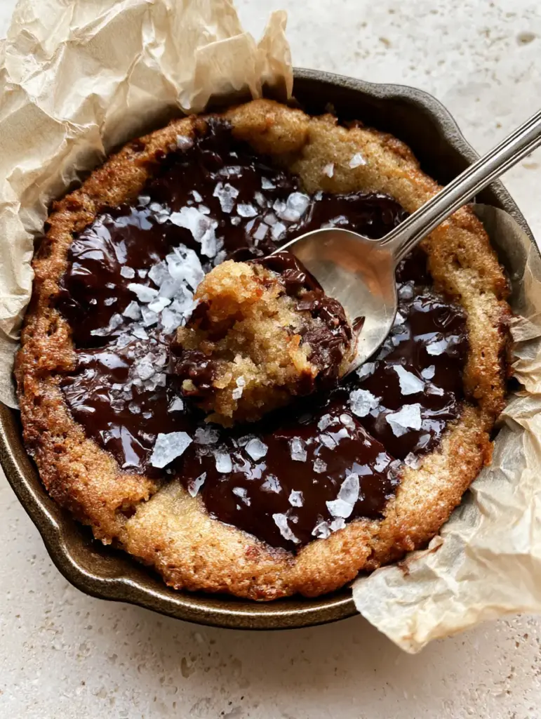 single serve chocolate chip cookie: The Ultimate Gooey Skillet Recipe 2 Close-up of a spoon scooping a warm bite of a single serve chocolate chip cookie showing the underbaked crumb.