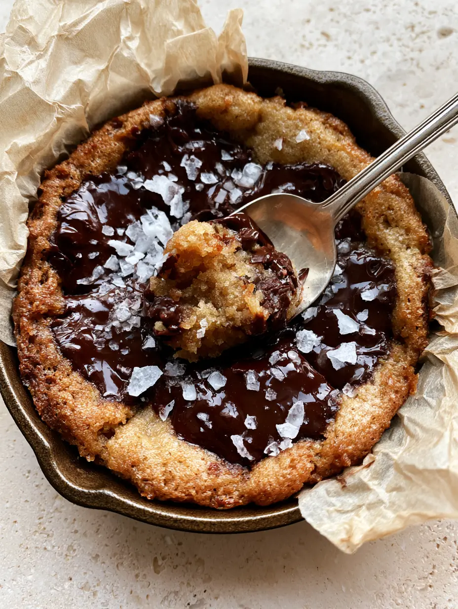 single serve chocolate chip cookie: The Ultimate Gooey Skillet Recipe 4 Close-up of a spoon scooping a warm bite of a single serve chocolate chip cookie showing the underbaked crumb.