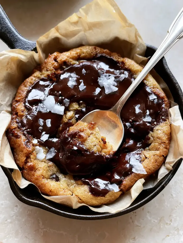 single serve chocolate chip cookie: The Ultimate Gooey Skillet Recipe 1 A mini cast-iron skillet with a golden-brown single serve chocolate chip cookie on a stone background.