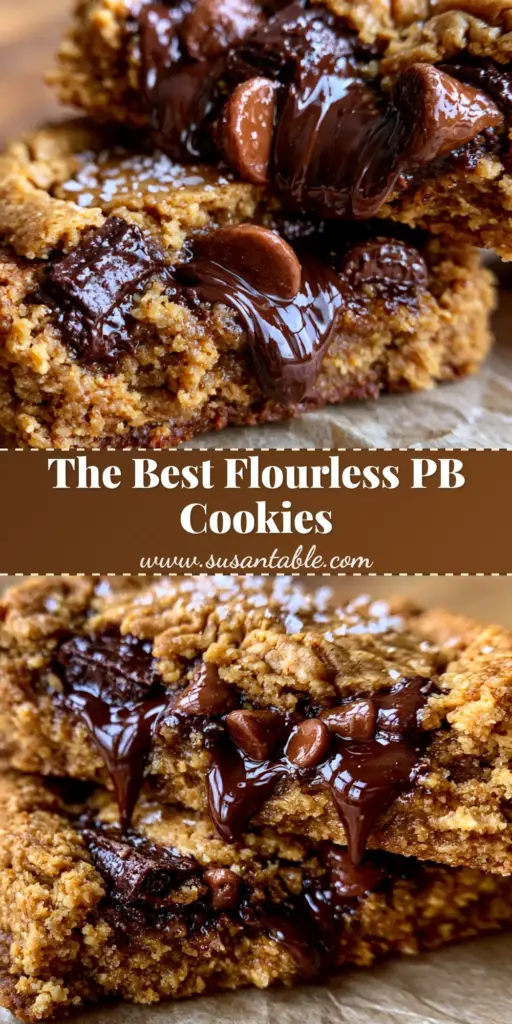 Peanut Butter Chocolate Chip Cookies: Thick & Fudgy Flourless Recipe 3 A close-up of a thick Peanut Butter Chocolate Chip Cookie being pulled apart with gooey dark chocolate chunks and flaky sea salt.
