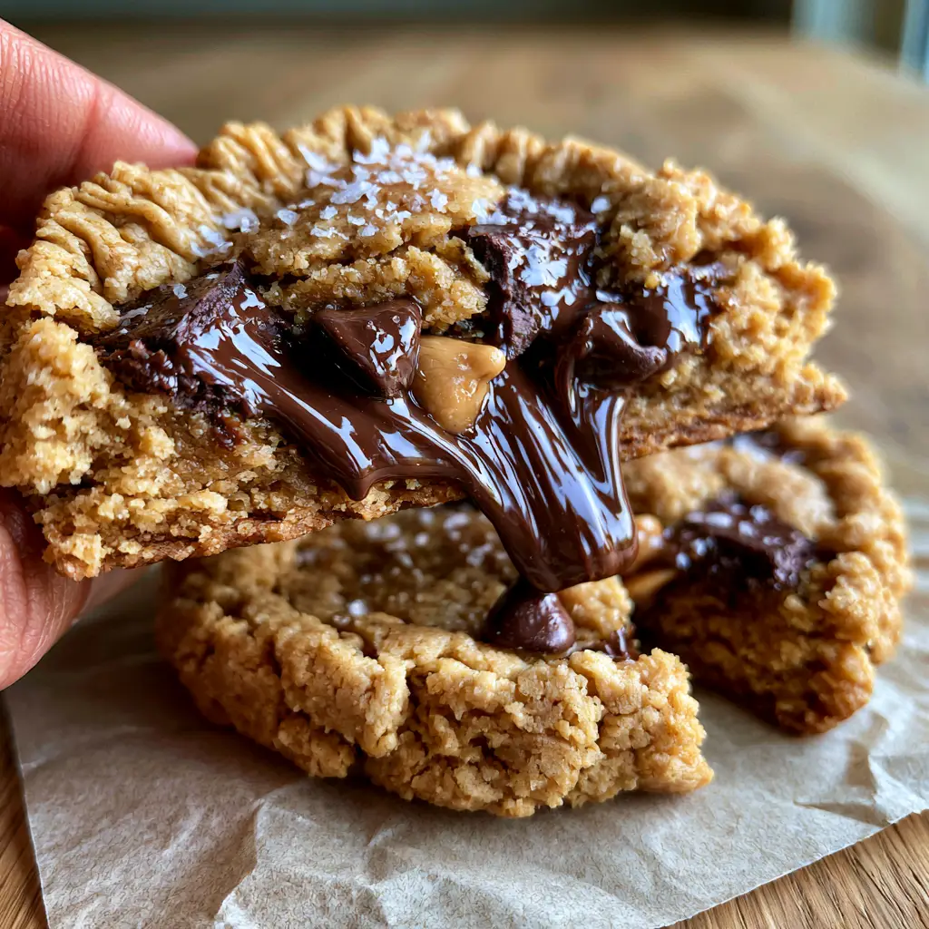 Peanut Butter Chocolate Chip Cookies: Thick & Fudgy Flourless Recipe 2 Eye-level view of a single thick flourless peanut butter chocolate chip cookie with a fudgy crumb and melted chocolate chunks.
