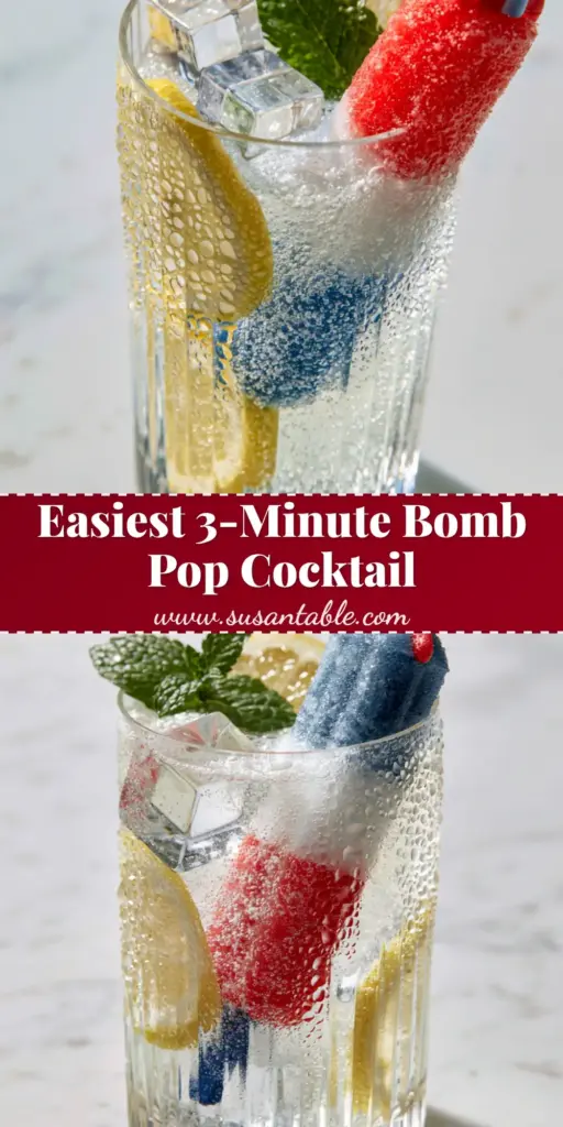 Bomb Pop Cocktail: The Ultimate Red, White, and Blue Summer Drink 4 A red, white, and blue Bomb Pop cocktail in a ribbed crystal highball glass with sparkling lemon soda and mint. (Bomb Pop cocktail)