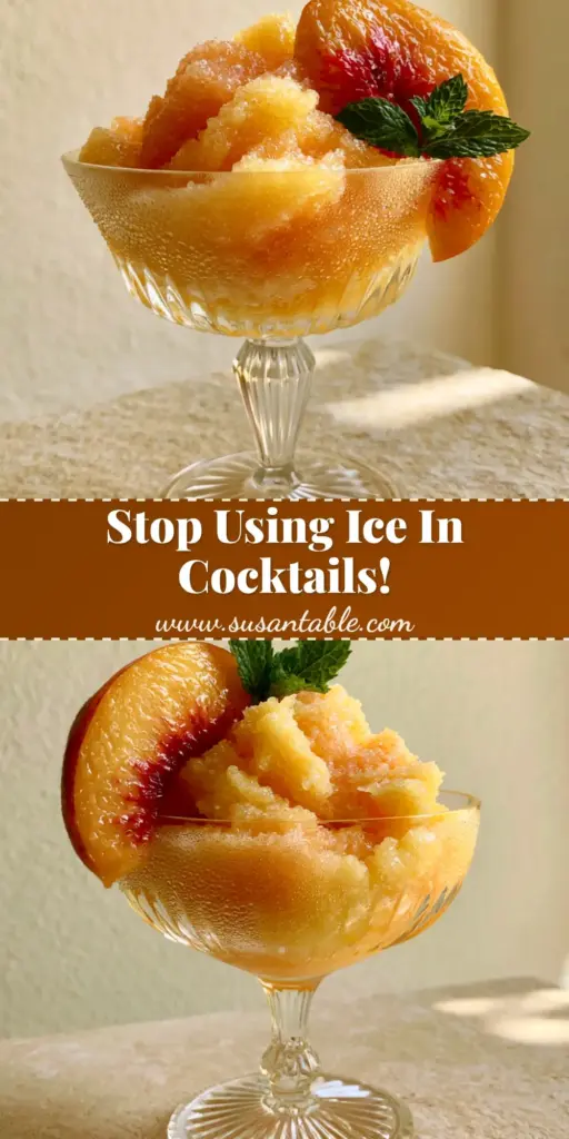 frozen fuzzy navel: The Ultimate Thick Peach & Orange Slushy 4 A handheld smartphone photo of a thick frozen fuzzy navel cocktail in a ribbed crystal coupe glass garnished with a peach slice and mint.