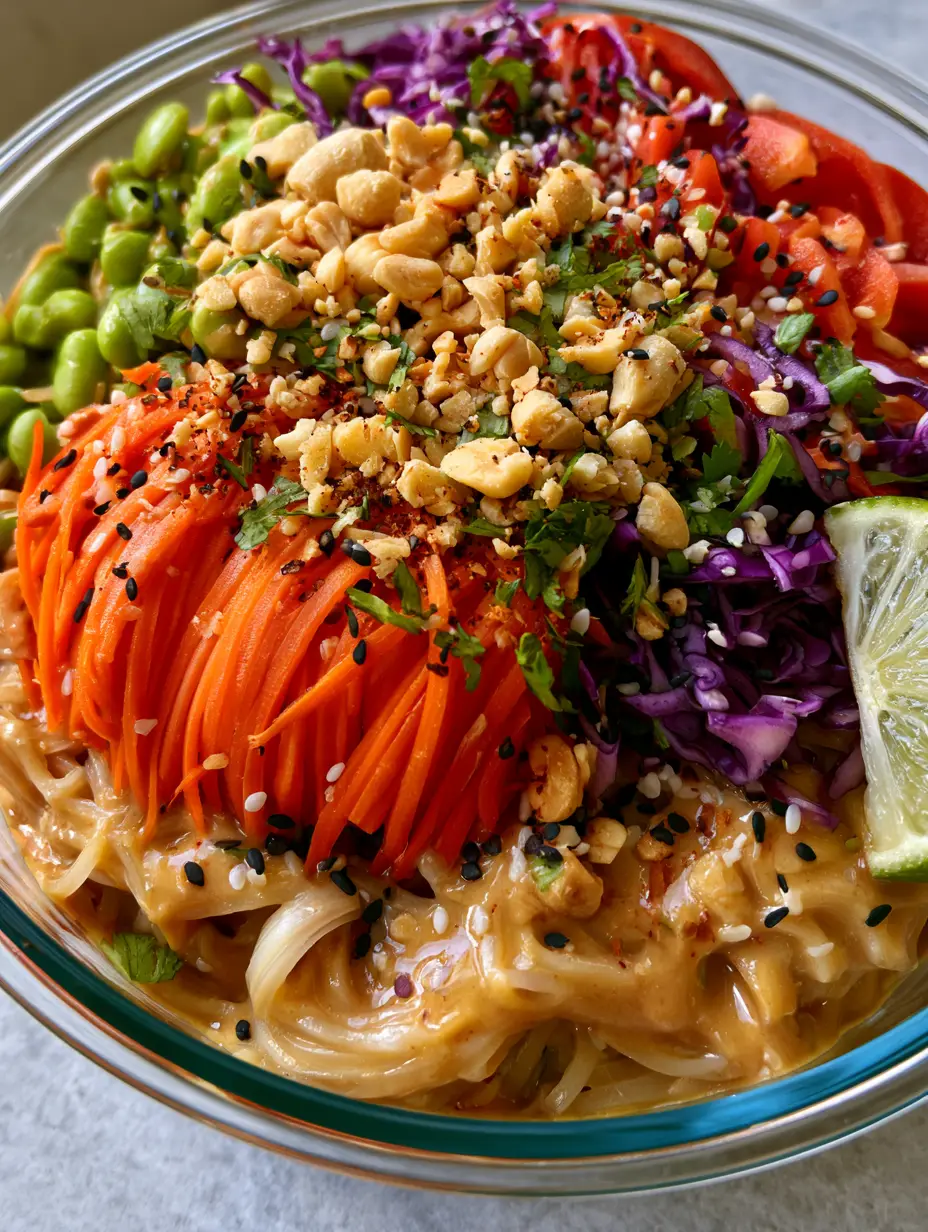 Extreme close-up macro shot of translucent rice noodles coated in glossy peanut sauce with crushed peanuts and sesame seeds. (noodle salad)