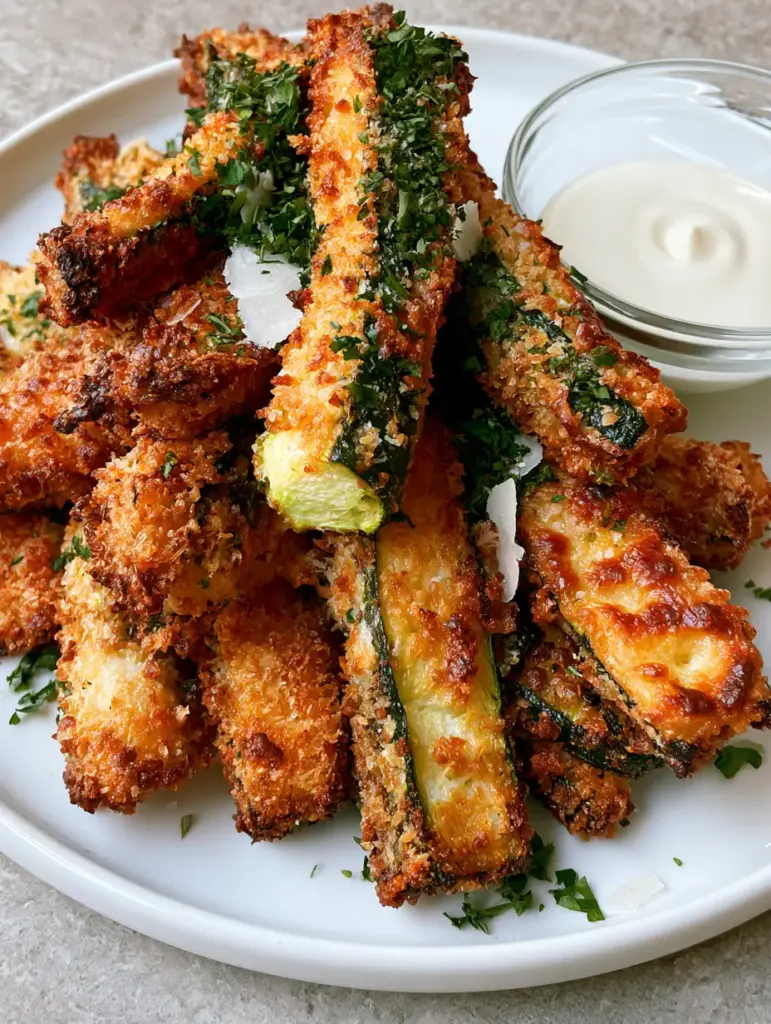 Air Fryer Zucchini Fries with Ultra-Crispy Parmesan Crust 1 Close up of Air Fryer Zucchini fry broken in half showing a vibrant green center and crispy exterior.