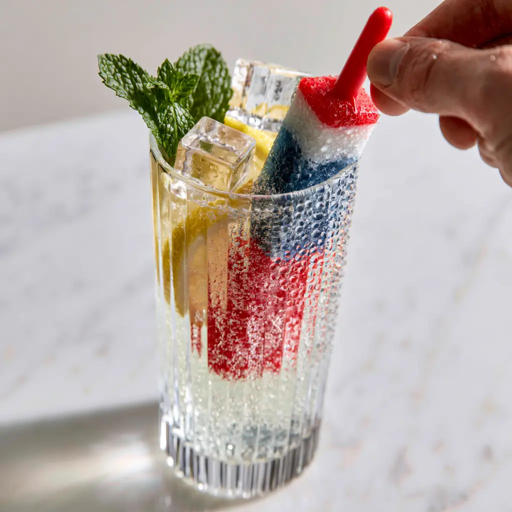 Close up of a fizzy spiked lemonade with a rocket popsicle being dunked in. (Bomb Pop cocktail)