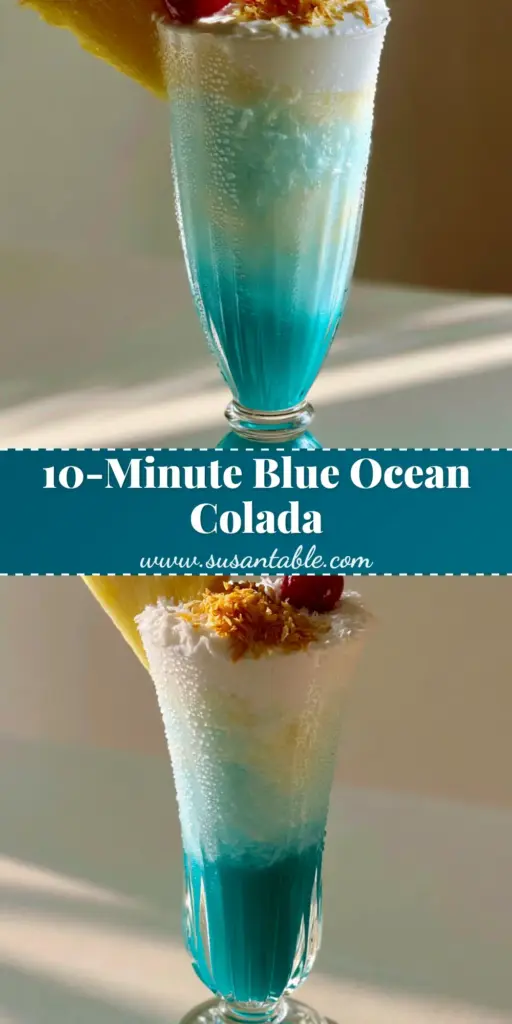 A tall ribbed glass showing a beautiful layered blue ocean love colada with turquoise syrup and toasted coconut.