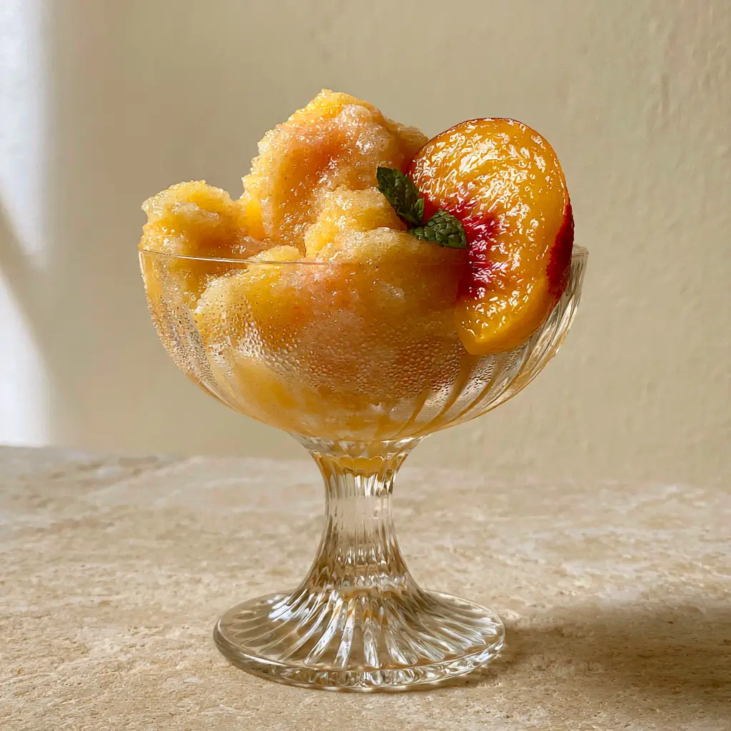 Close up of a frozen fuzzy navel showing an ultra-thick, velvety yellow and orange slushy texture with condensation on the glass.