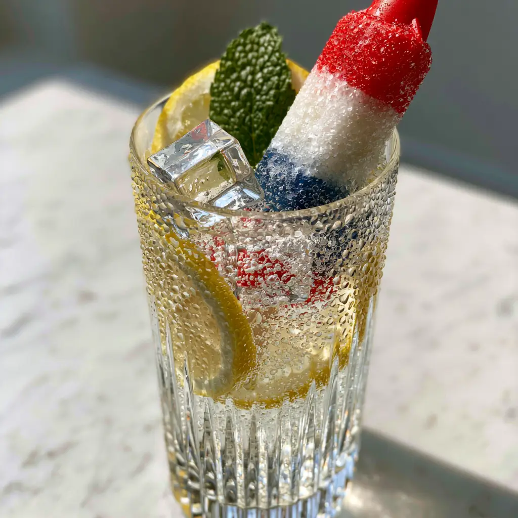 Bomb Pop Cocktail: The Ultimate Red, White, and Blue Summer Drink 1 Smartphone photo of a Bomb Pop cocktail on a marble countertop with condensation on the glass.