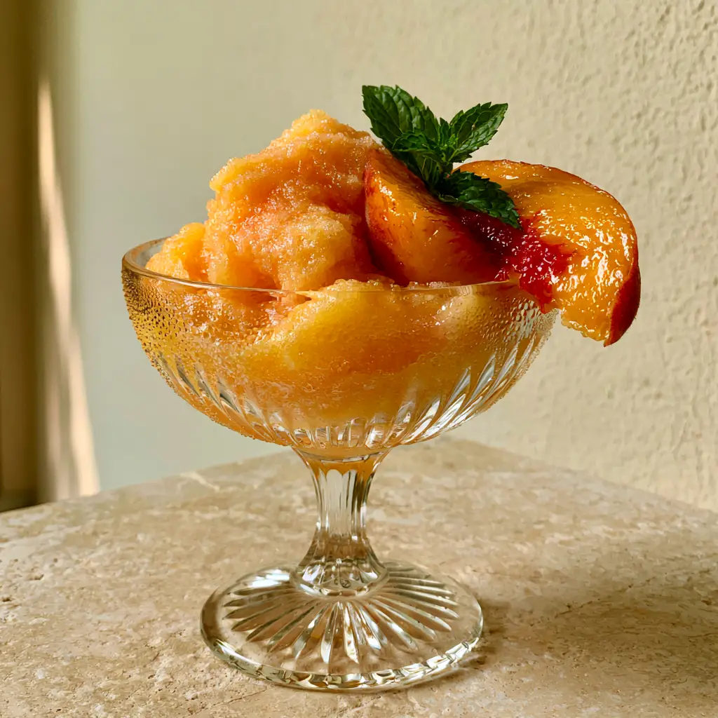 frozen fuzzy navel: The Ultimate Thick Peach & Orange Slushy 1 A frozen fuzzy navel in a ribbed coupe glass sitting on a beige stone surface with warm natural light.