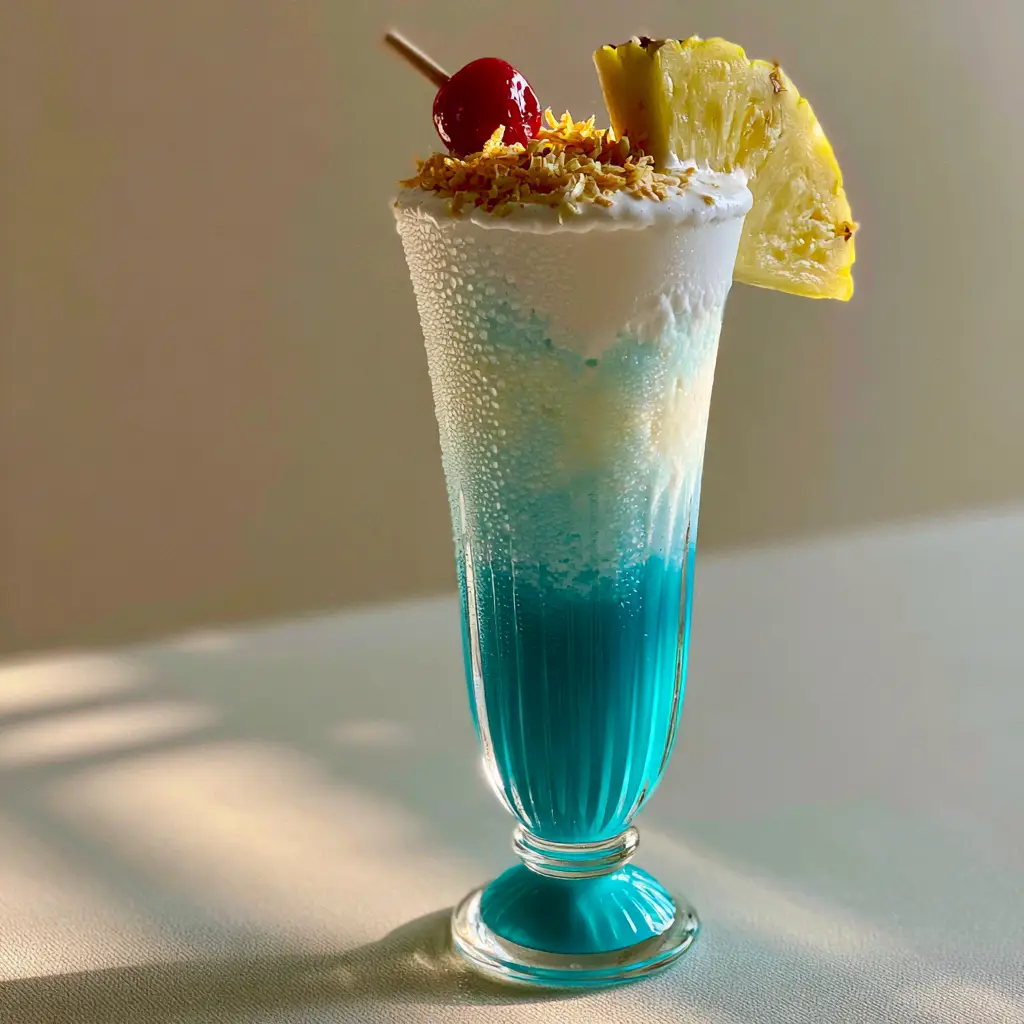 Close up of the toasted coconut and pineapple garnish on a blue ocean love colada.