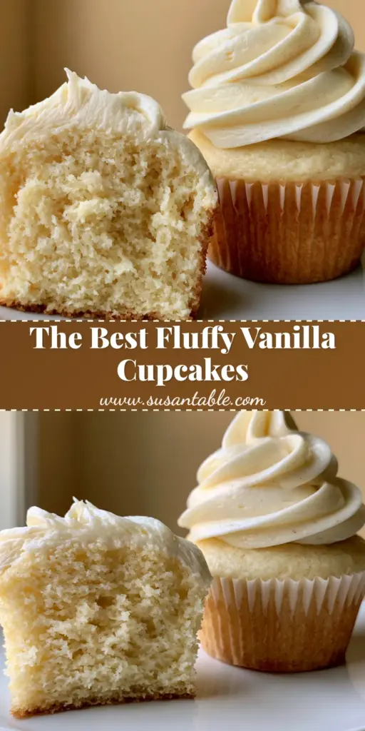 A handheld smartphone photo of a fresh gourmet vanilla cupcake sliced in half to show the moist fluffy light yellow crumb interior next to a whole cupcake with high vanilla bean buttercream swirl. (Vanilla Cupcakes)