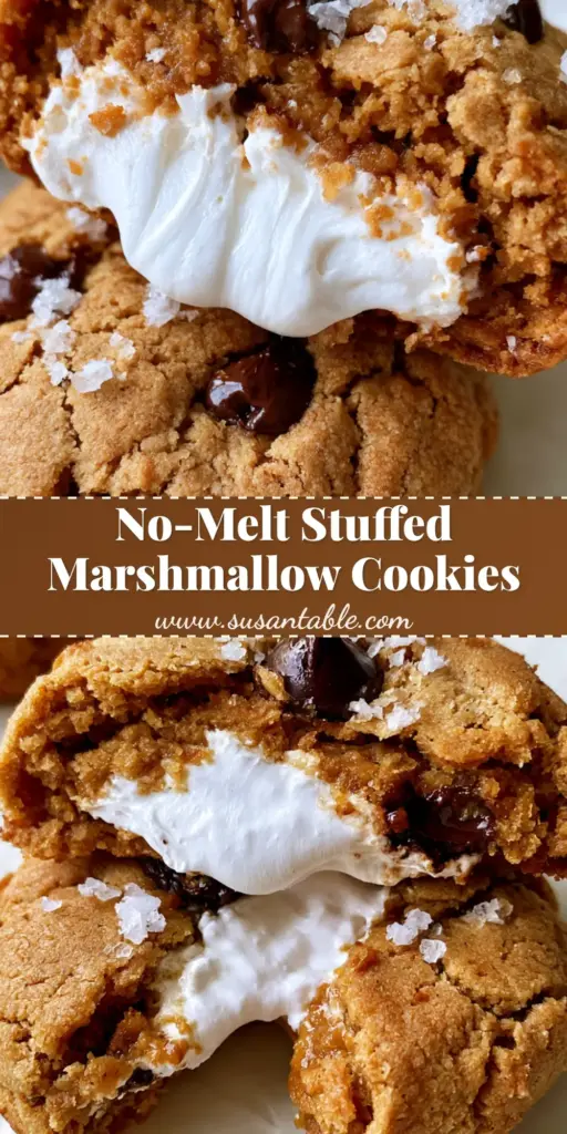 A dramatic cookie pull of a golden-brown Fluffernutter Cookie revealing a thick, stretchy white marshmallow center with melted dark chocolate chips and flaky sea salt.