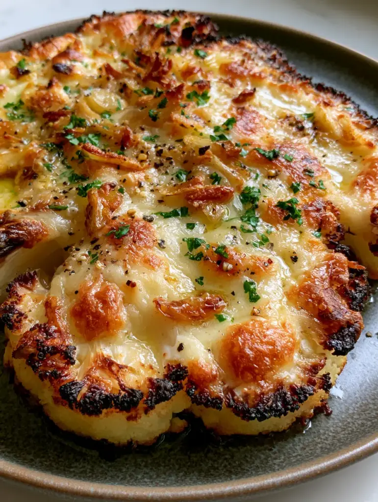 Baked Cauliflower Steaks with Toasted Garlic and Bubbling Parmesan Crust 1 A handheld photo of roasted cauliflower steaks on a kitchen counter with natural light hitting the melted cheese.