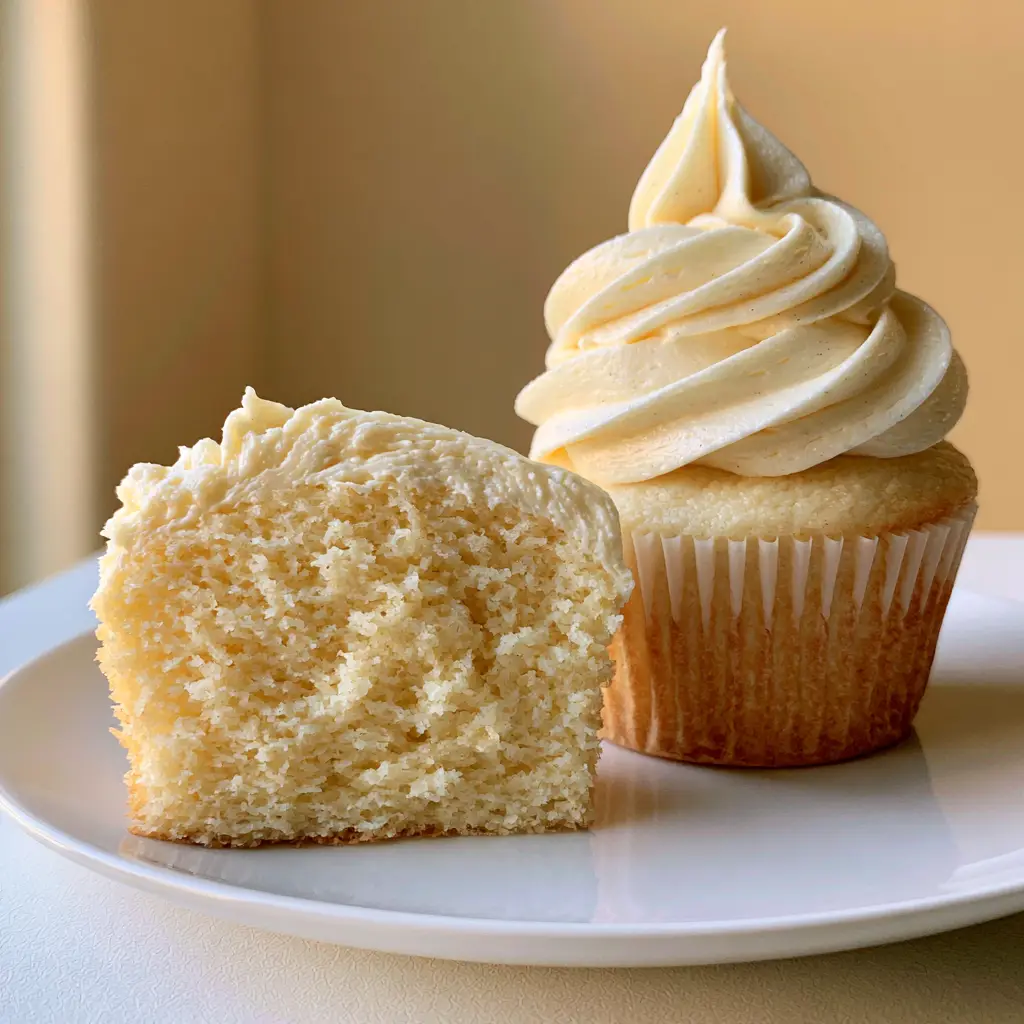 A fresh vanilla cupcake in a white paper liner with a high swirl of vanilla bean buttercream frosting showing beautiful piped definition.