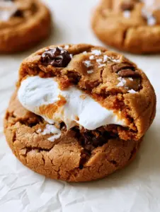 A close-up handheld photo of thick Fluffernutter Cookies on wrinkled white parchment paper, showing cracked textures and melted chocolate.