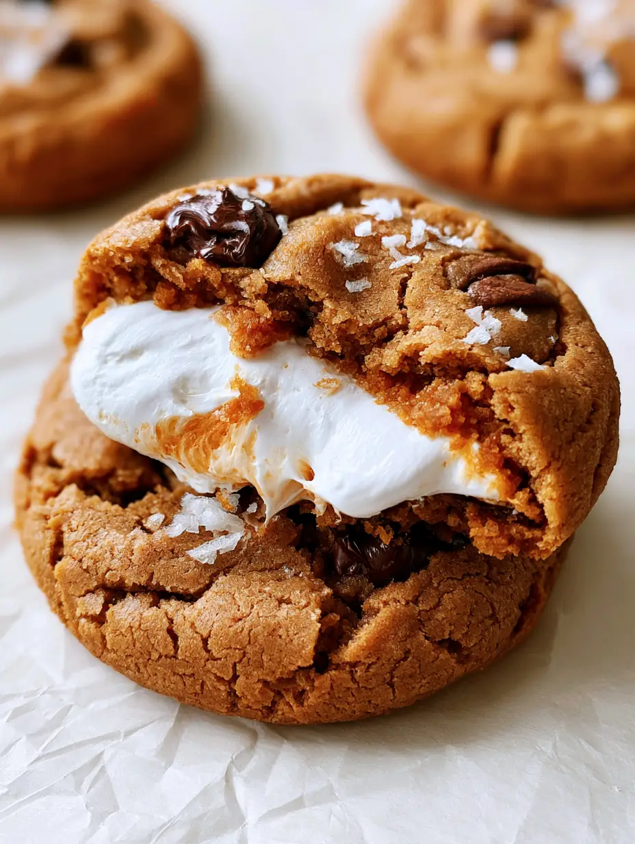 A close-up handheld photo of thick Fluffernutter Cookies on wrinkled white parchment paper, showing cracked textures and melted chocolate.