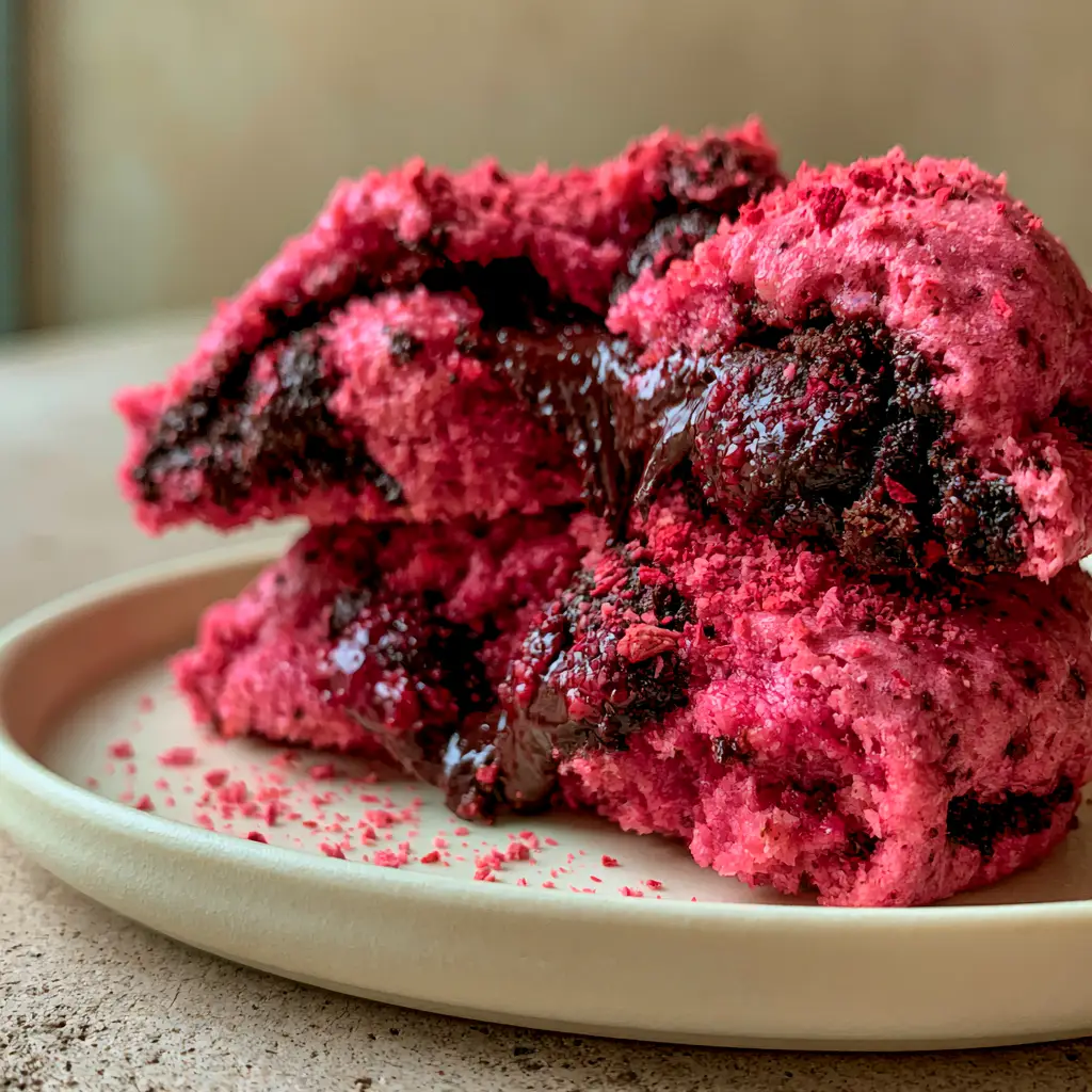 Strawberry Chocolate Chip Cake Mix Cookies: The Ultimate Gooey Pink Treat 2 Extreme close-up of a thick Strawberry Chocolate Chip Cake Mix Cookie broken in half to reveal a fudgy center and chocolate pulls.