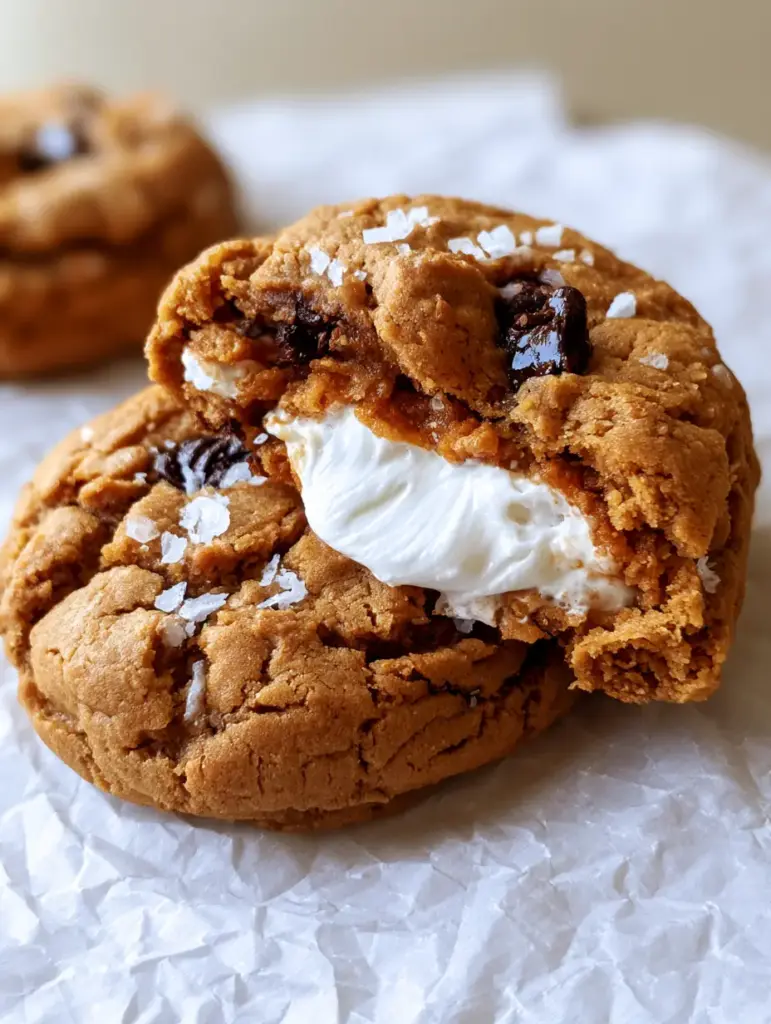 Top-down view of Fluffernutter Cookies showing flaky sea salt crystals and melted dark chocolate chips on a warm surface.
