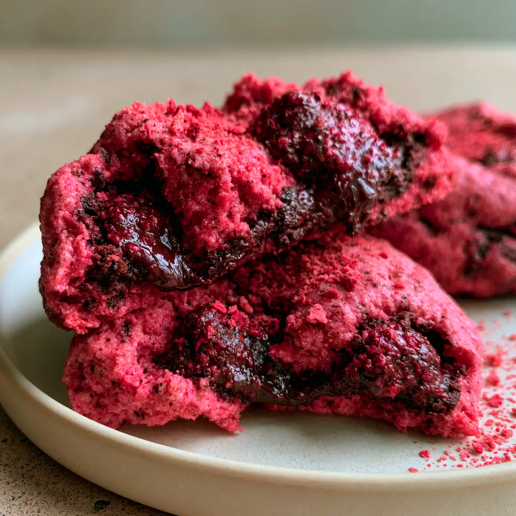 Strawberry Chocolate Chip Cake Mix Cookies: The Ultimate Gooey Pink Treat 1 Strawberry Chocolate Chip Cake Mix Cookies plated on a cream ceramic dish with freeze-dried strawberry dust.
