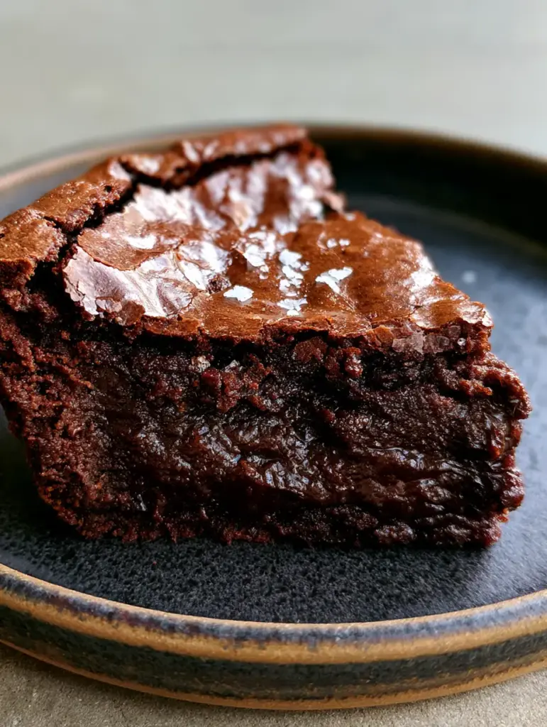 Brownie Recipes: The Secret to Fudgy Crinkle-Top Brownies 1 Rustic dark plate with sliced brownie recipes sprinkled with flaky sea salt.