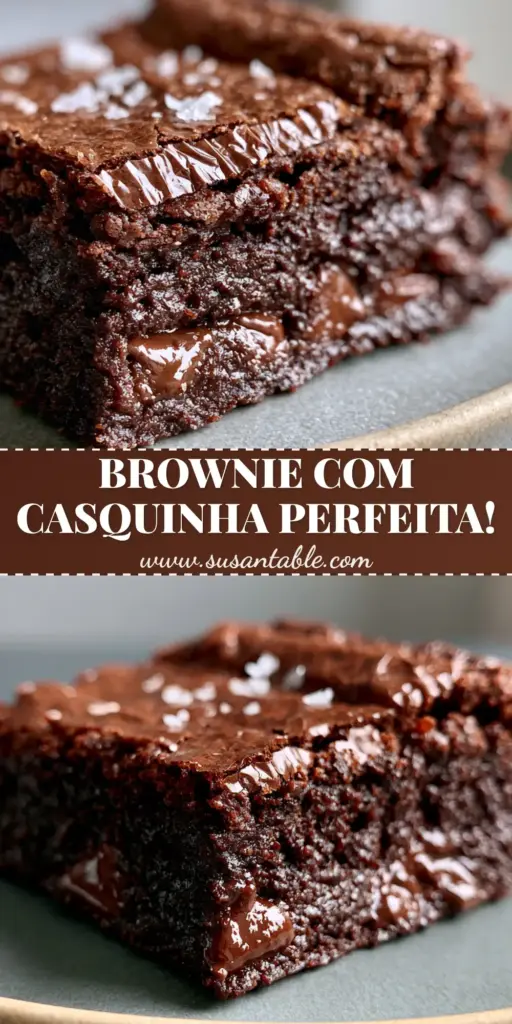 Receita de Brownie: O Segredo do Brownie Perfeito com Casquinha e Interior Fudgy 4 Close-up de uma fatia de brownie super fudgy com casquinha craquelada e flor de sal em um prato de cerâmica. (receita de brownie)