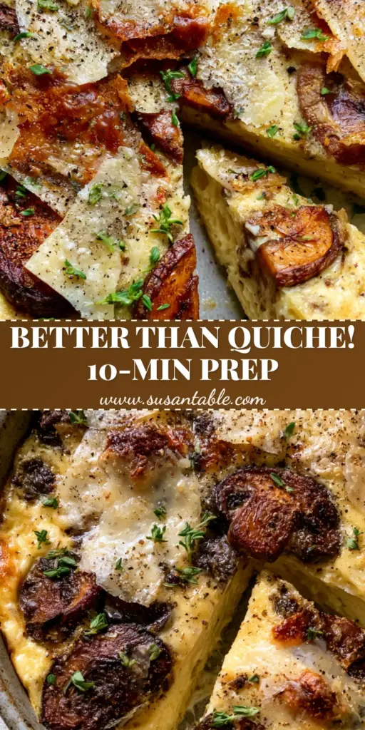 Mushroom and Parmesan Clafoutis: A Savory Custard Masterpiece 4 A rustic grey ceramic baking dish holding a golden Mushroom and Parmesan Clafoutis with blistered cheese edges and fresh thyme.