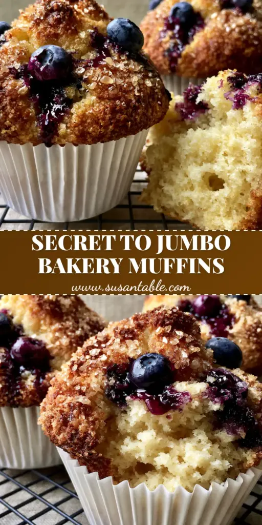 muffin recipes: The Secret to Jumbo Bakery-Style Blueberry Muffins 3 A vertical shot of three jumbo blueberry muffins with massive domed tops and sparkling sugar crystals (muffin recipes).