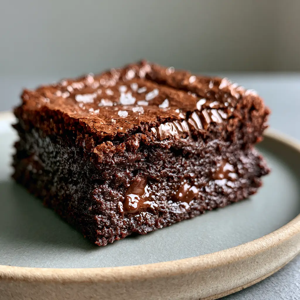 Receita de Brownie: O Segredo do Brownie Perfeito com Casquinha e Interior Fudgy 2 Foto em ângulo de brownie de chocolate escuro com interior úmido e gotas de chocolate derretidas. (receita de brownie)