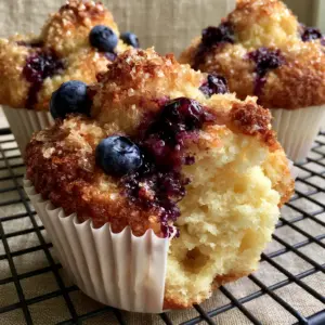Extreme macro close-up of jumbo blueberry muffins with golden-brown textured tops and burst blueberries (muffin recipes).