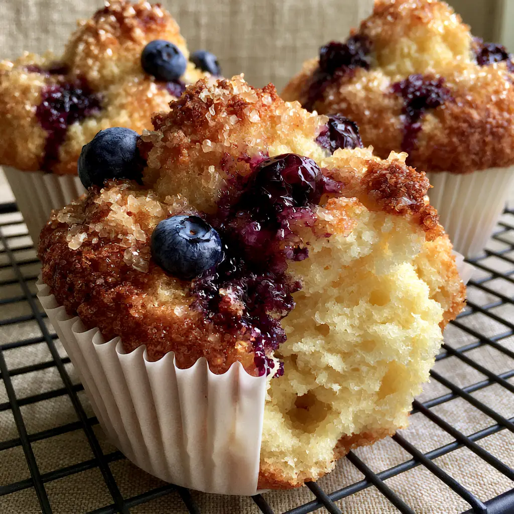 Extreme macro close-up of jumbo blueberry muffins with golden-brown textured tops and burst blueberries (muffin recipes).
