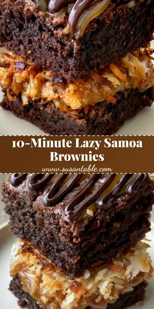 Samoa Brownies with Fudgy Chocolate and Toasted Coconut 4 A tall stack of thick, fudgy samoa brownies on a cream plate, topped with toasted coconut, amber caramel, and a dark chocolate zigzag drizzle.