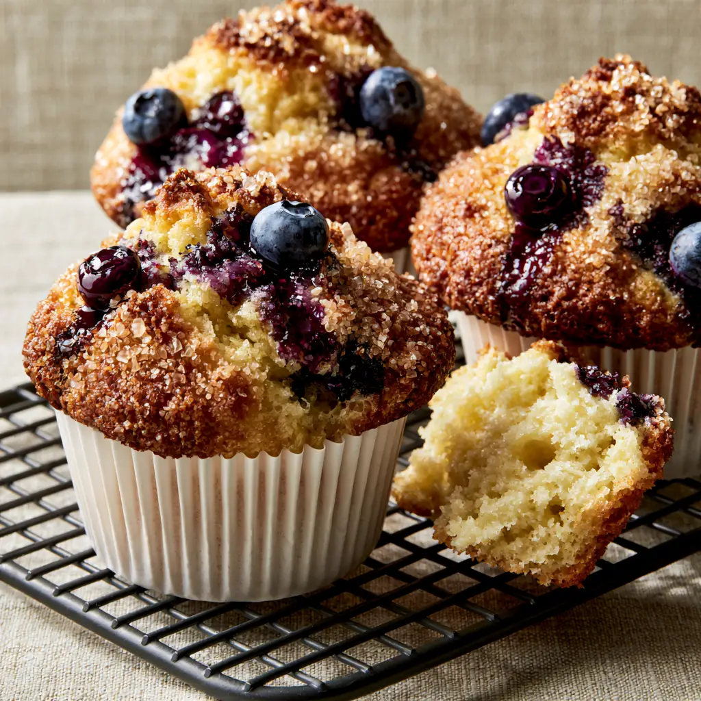 muffin recipes: The Secret to Jumbo Bakery-Style Blueberry Muffins 1 A jumbo blueberry muffin broken open to reveal a steaming pale yellow fluffy crumb with air pockets (muffin recipes).