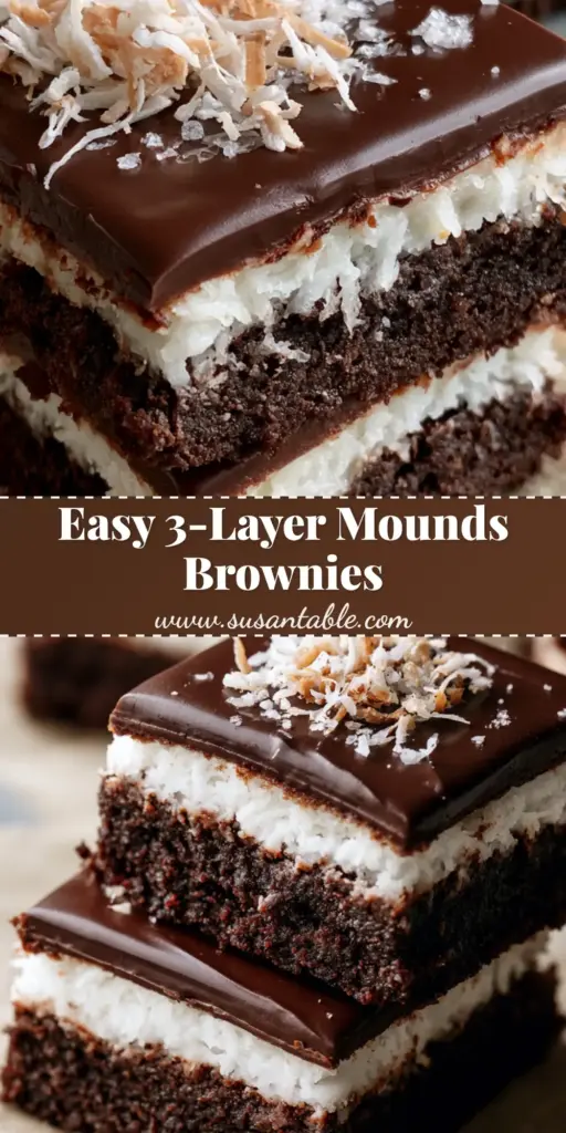Mounds Brownies: The Ultimate Triple-Layer Dark Chocolate Coconut Bars 4 A vertical shot of stacked three-layer Mounds Brownies featuring a dark fudgy base, white coconut center, and glossy ganache topping. (Mounds Brownies)