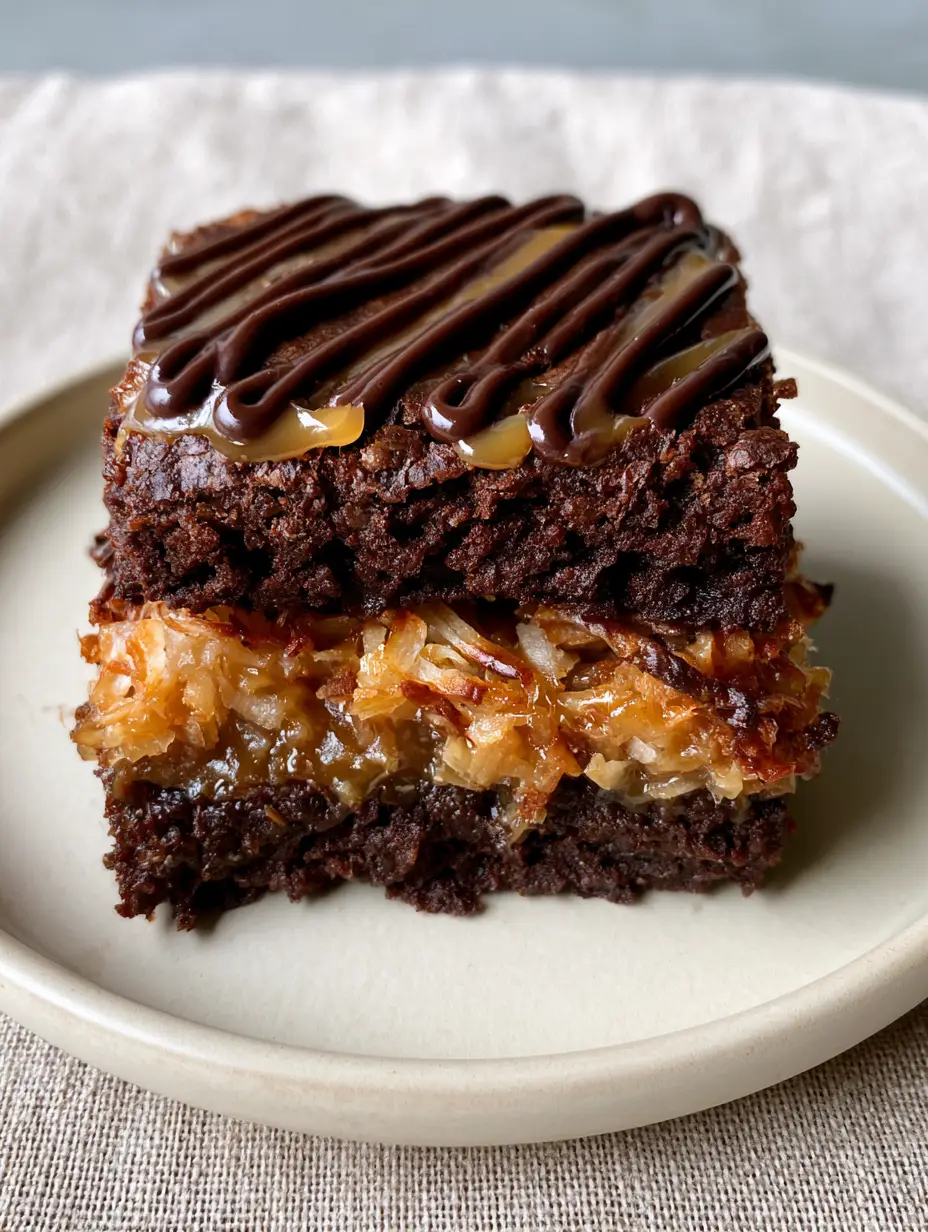 Samoa Brownies with Fudgy Chocolate and Toasted Coconut 3 Close-up handheld photo of thick dense fudgy chocolate samoa brownies with golden toasted shredded coconut flakes.
