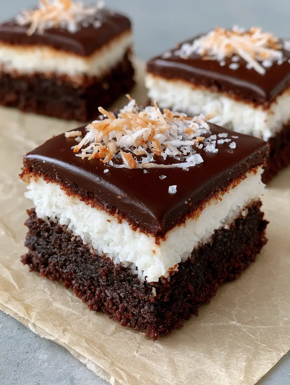 Mounds Brownies: The Ultimate Triple-Layer Dark Chocolate Coconut Bars 3 Macro photography of Mounds Brownies showing the dense dark chocolate crumb and moist coconut filling. (Mounds Brownies)