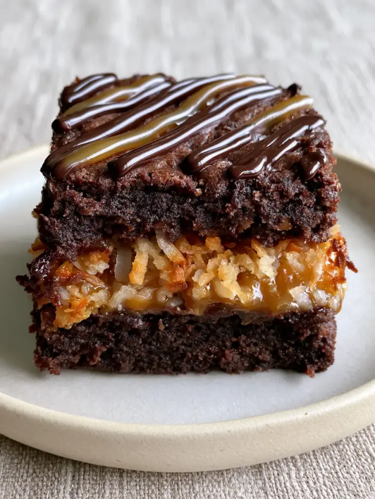 Samoa Brownies with Fudgy Chocolate and Toasted Coconut 1 Side view of samoa brownies showing the dark chocolate base, thick caramel coconut middle, and glossy chocolate drizzle.