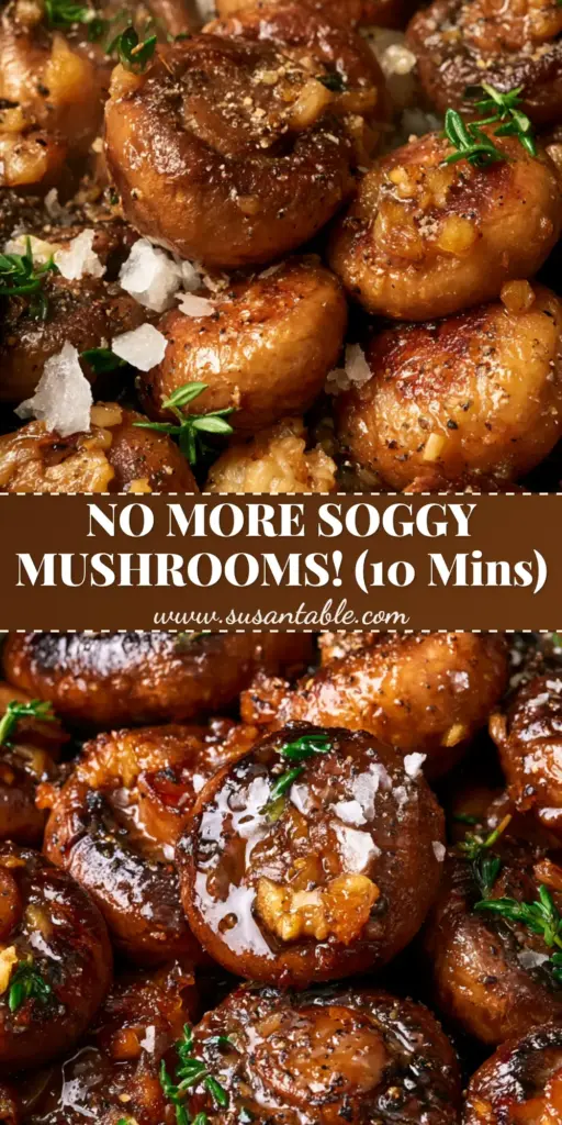 Easy mushroom recipes: The Ultimate Garlic Butter Cremini with Skillet Char 4 A top-down view of seared cremini mushrooms in a cast iron skillet with garlic butter and fresh thyme. (Easy mushroom recipes)