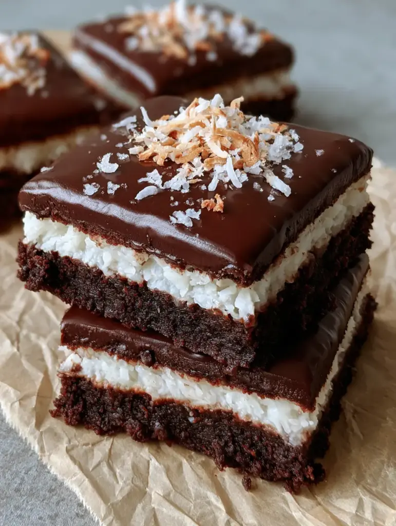 Mounds Brownies: The Ultimate Triple-Layer Dark Chocolate Coconut Bars 1 Clean-cut Mounds Brownies slices on parchment paper with toasted coconut shreds and sea salt. (Mounds Brownies)