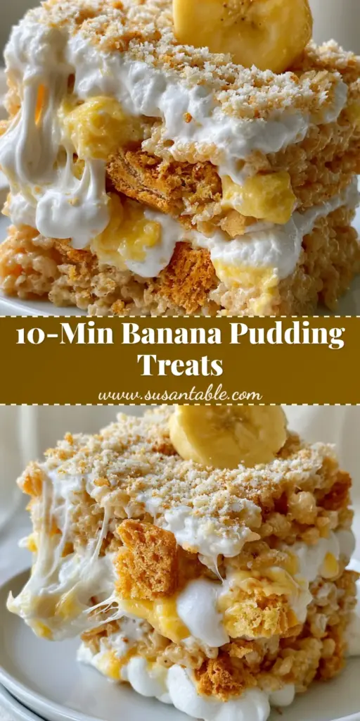 Banana Pudding Rice Krispie Treats: The Ultimate Gooey Dessert 4 A close-up vertical shot of thick Banana Pudding Rice Krispie Treats showing a sticky marshmallow pull, topped with vanilla wafer crumbs and a fresh banana slice.
