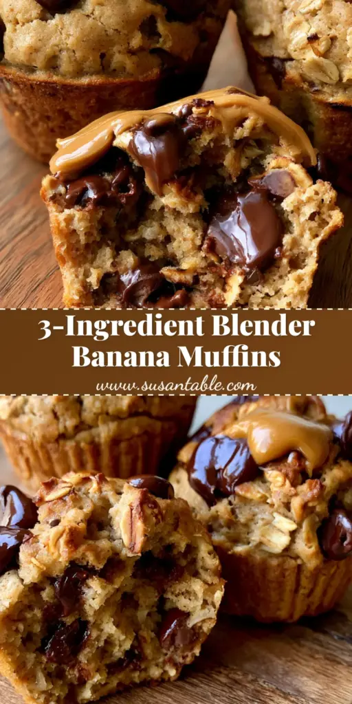 A vertical shot of golden-brown Peanut butter banana muffins with visible chocolate chips and a peanut butter drizzle on a rustic board.