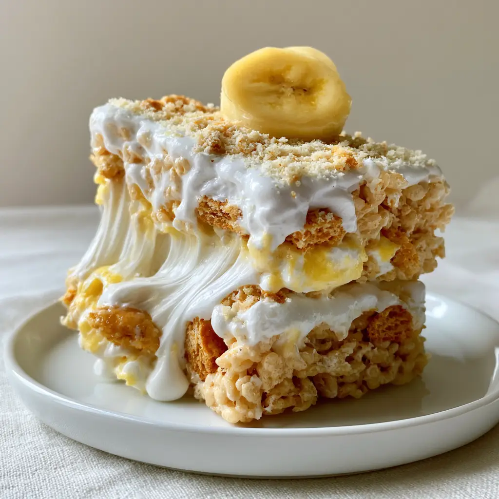 A handheld smartphone photo of a thick Banana Pudding Rice Krispie Treat bar being lifted from a white plate.
