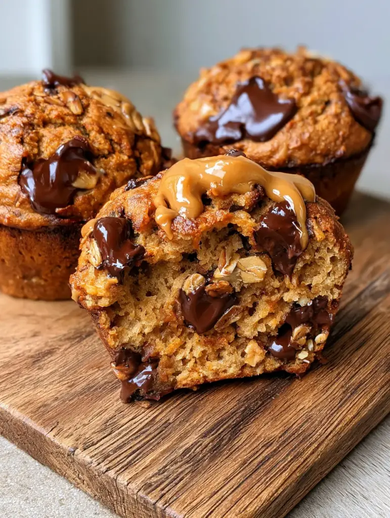 Close-up of three Peanut butter banana muffins showing the soft fluffy crumb and toasted oat flakes.