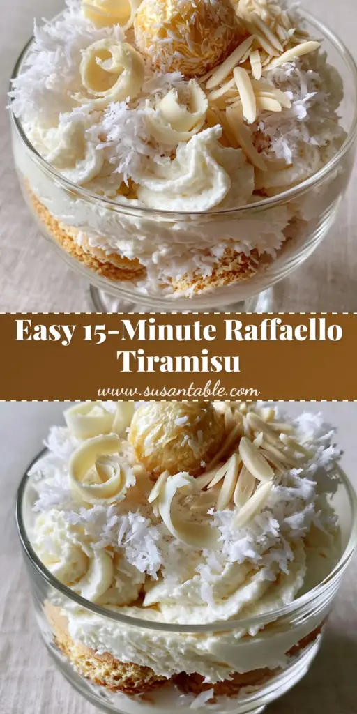 Raffaello Tiramisu: The Ultimate White Chocolate and Coconut Dessert 3 A tall glass cup of Raffaello Tiramisu showing distinct layers of coconut-soaked ladyfingers, white chocolate cream, and a Raffaello truffle on top.